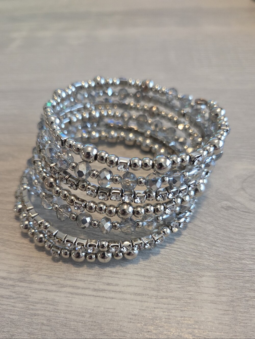 Silver Beaded Coil Bracelet Stack - Women Jewelry